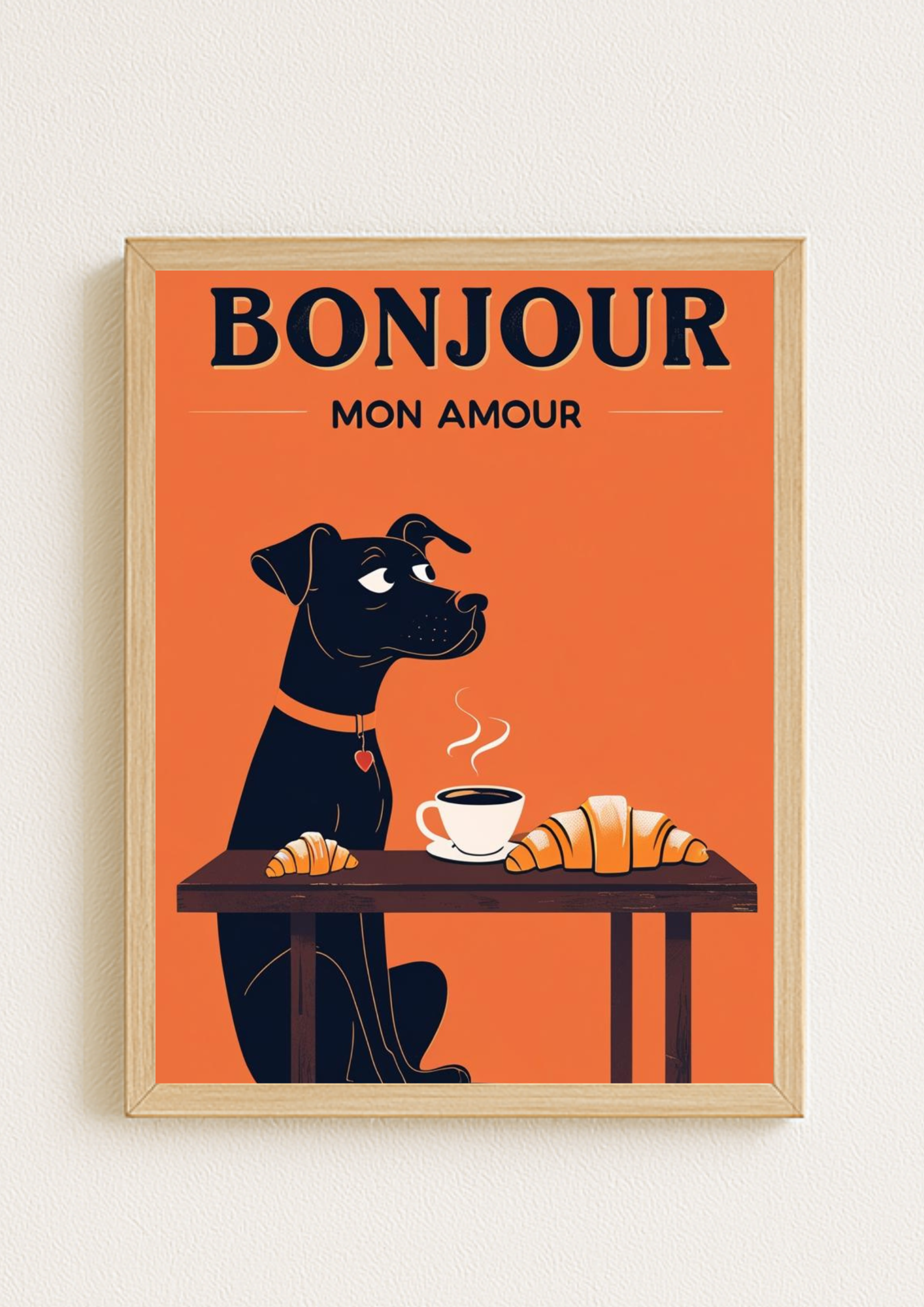 Affiche Bonjour Mon Amour A4 – Chien, Café & Croissant | Déco Murale Cuisine
