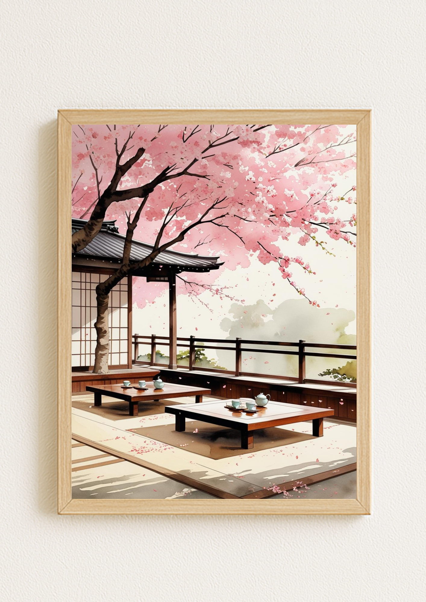 Affiche Kyoto - Terrasse Japonaise - Fleurs de cerisier