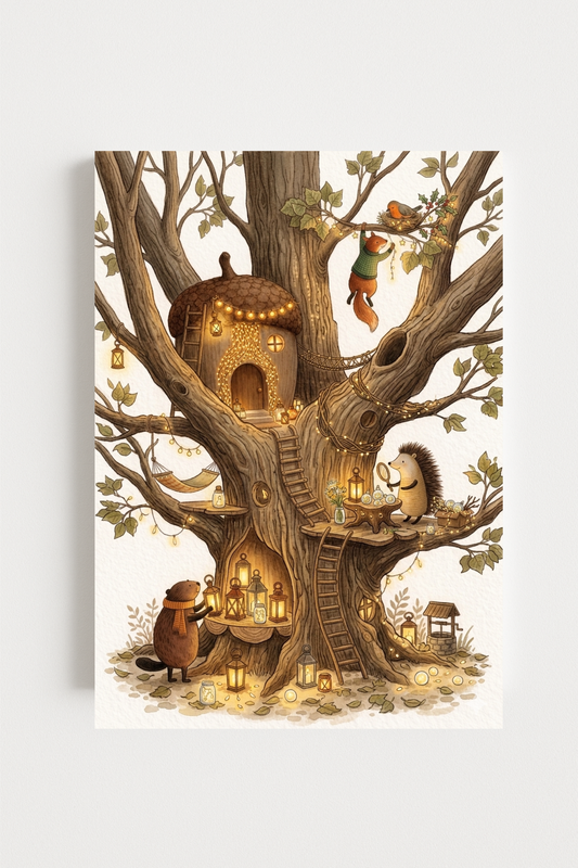 Affiche animaux de la forêt arbre – illustration printemps chambre bébé - Univers poétique et minimaliste