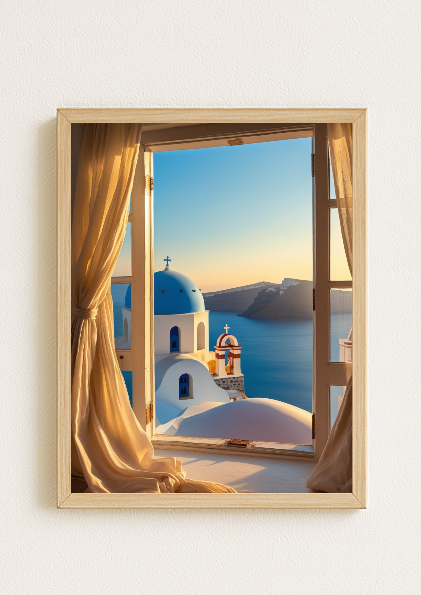 Affiche fenêtre sur Santorin au coucher de soleil – vue mer Égée