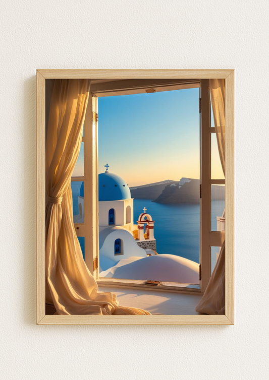 Affiche fenêtre sur Santorin au coucher de soleil – vue mer Égée