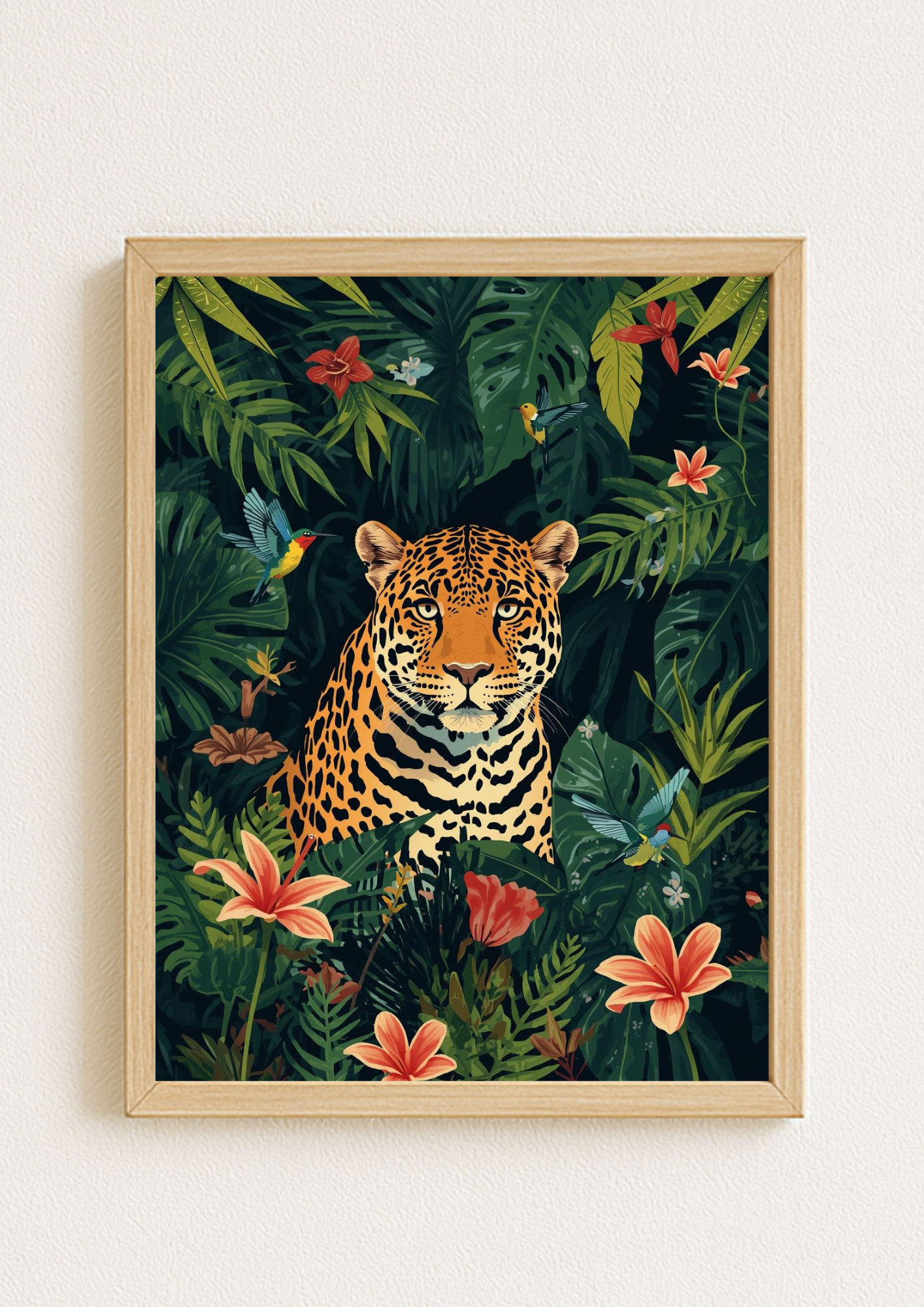Affiche jungle colorée - Jaguar- Fleurs éxotiques