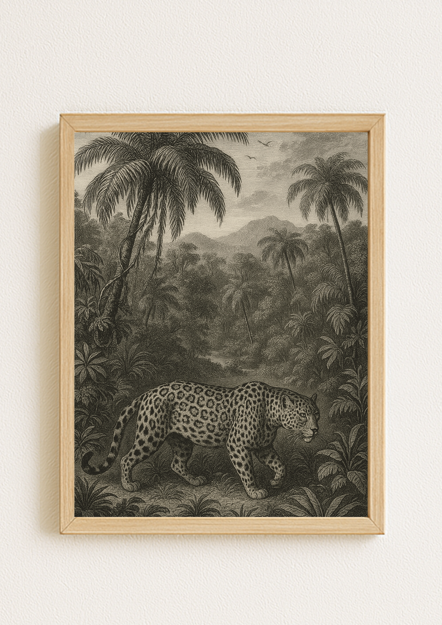 Affiche léopard sauvage style gravure ancienne – décoration murale jungle – jungle sauvage - forêt tropical