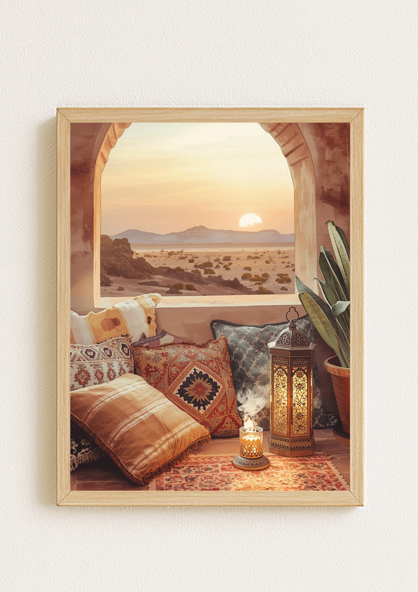 Affiche désert oriental au coucher de soleil – ambiance riad et lanterne
