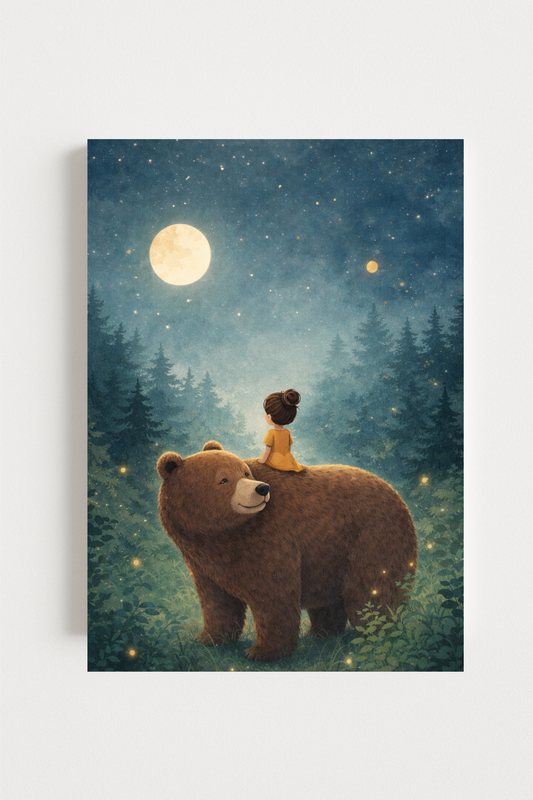 Affiche enfant fille et ours sous la lune – illustration chambre bébé - Univers poétique et minimaliste (Copie)
