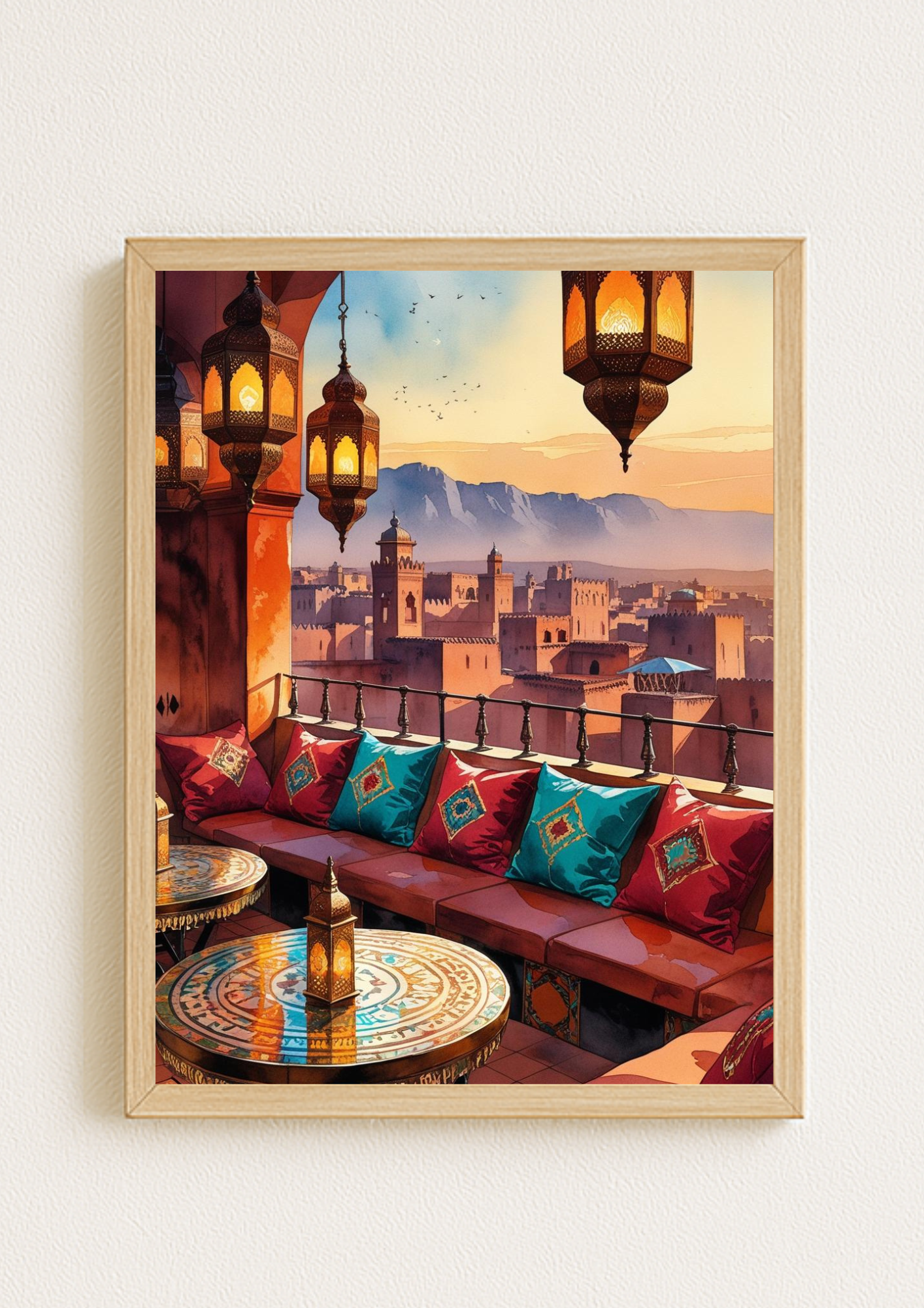Affiche terrasse de riad marocain au coucher de soleil – lanternes orientales