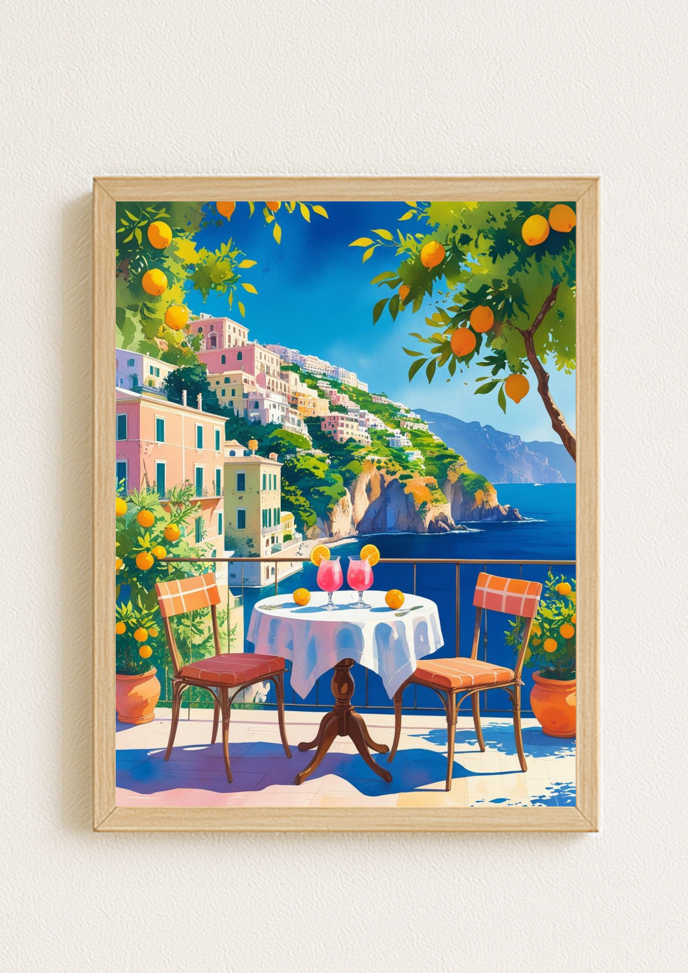 Affiche terrasse méditerranéenne – Vue mer et orangers – Décoration murale
