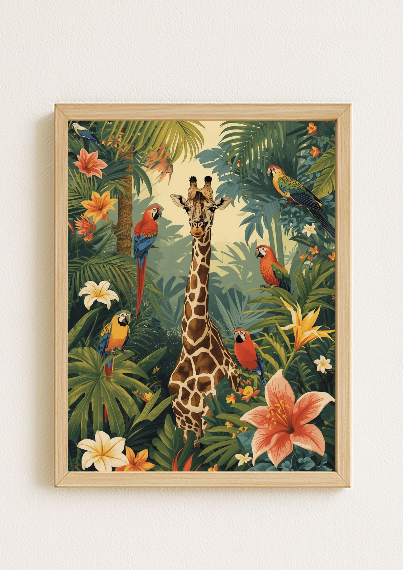 Affiche jungle colorée - Girafe - Fleurs éxotiques