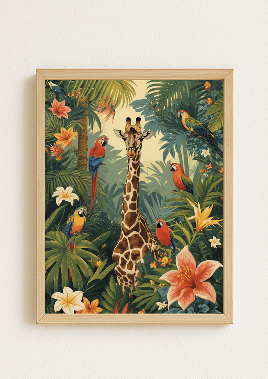 Affiche jungle colorée - Girafe - Fleurs éxotiques