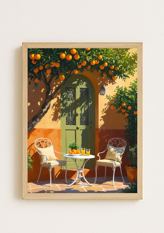 Affiche terrasse méditerranéenne – Orangers et porte verte – Décoration murale style sud
