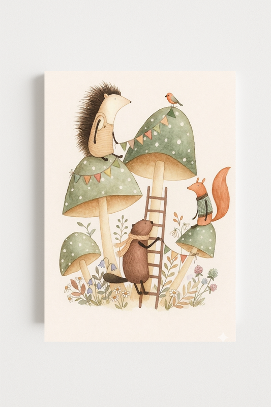 Affiche animaux de la forêt champignons  – illustration printemps chambre bébé - Univers poétique et minimaliste