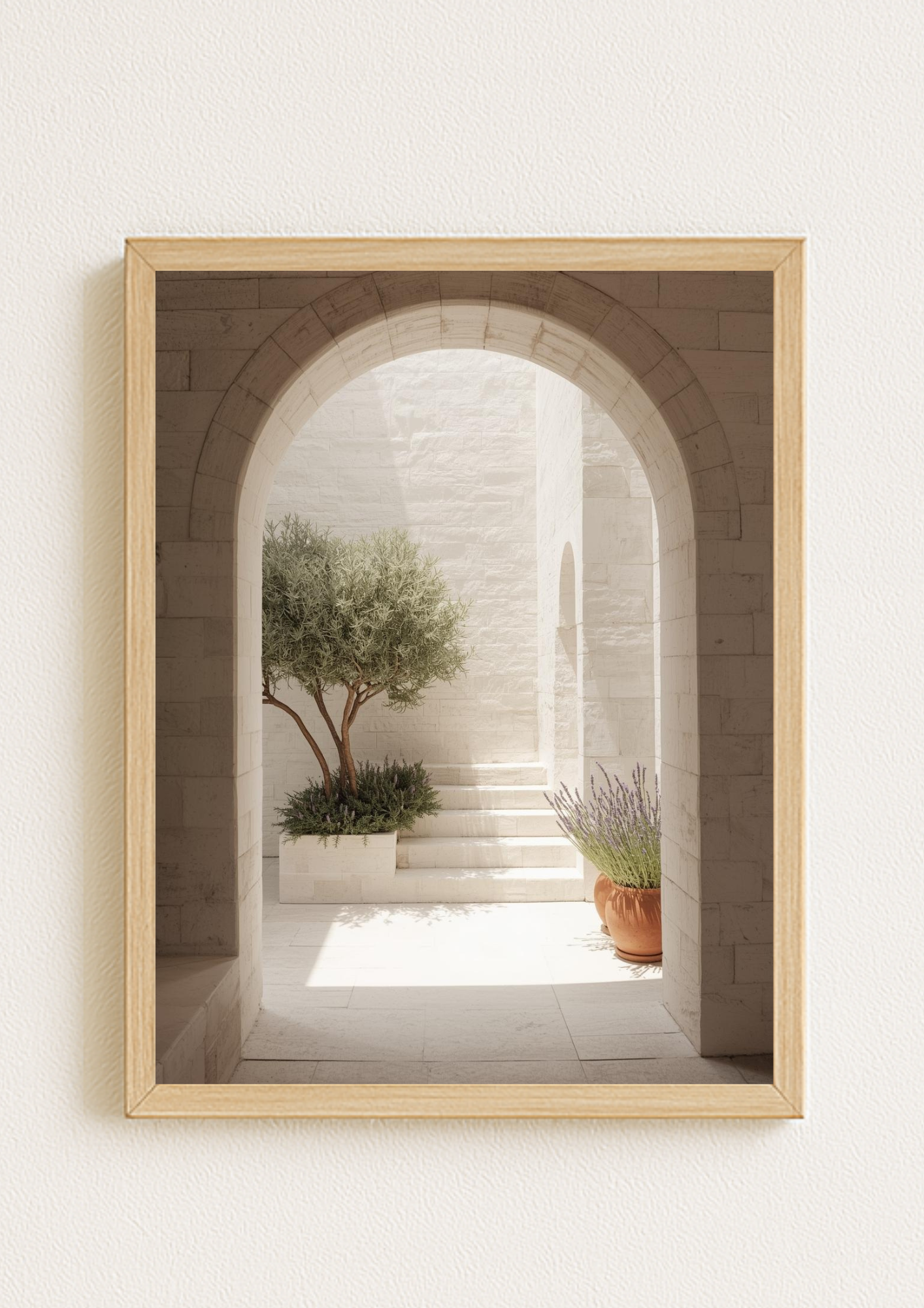 Affiche décoration murale arche en pierre avec olivier et lavande – décoration murale minimaliste beige