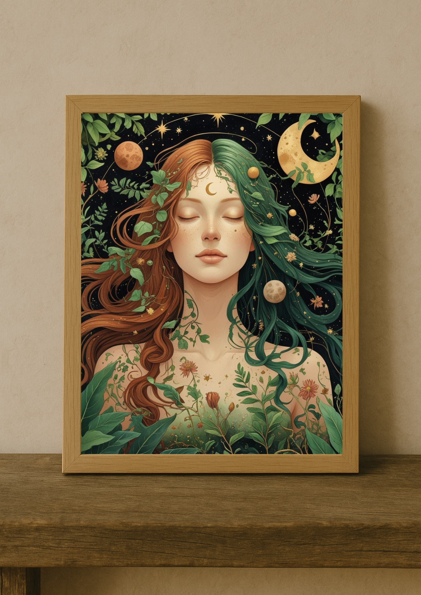 Affiche femme mystique nature – Illustration lunaire bohème