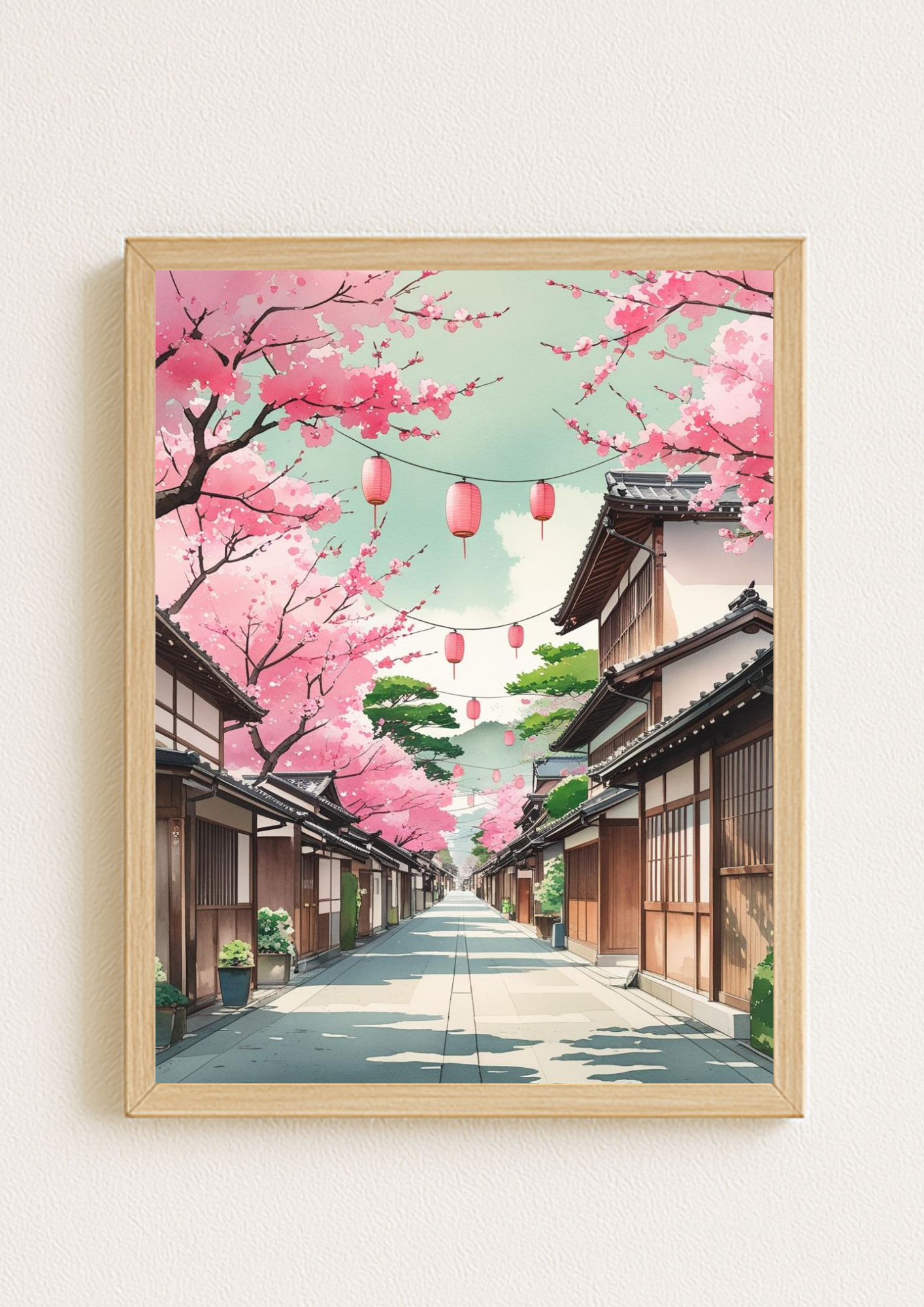 Affiche Kyoto - Rue typique Japonaise - Japon - Fleurs de cerisier - Lanterne