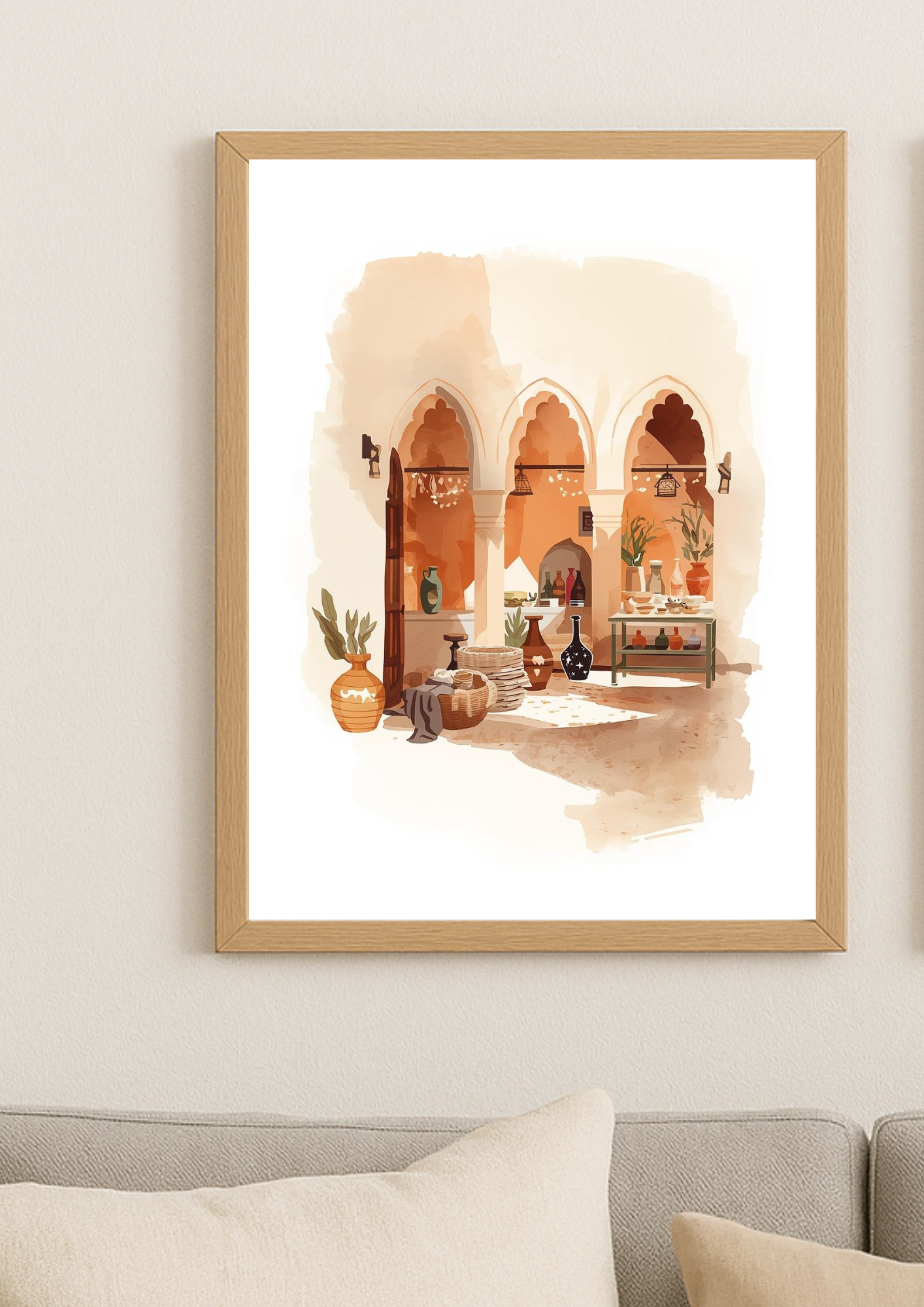 Affiche patio marocain – arches orientales et artisanat – décoration murale chaleureuse