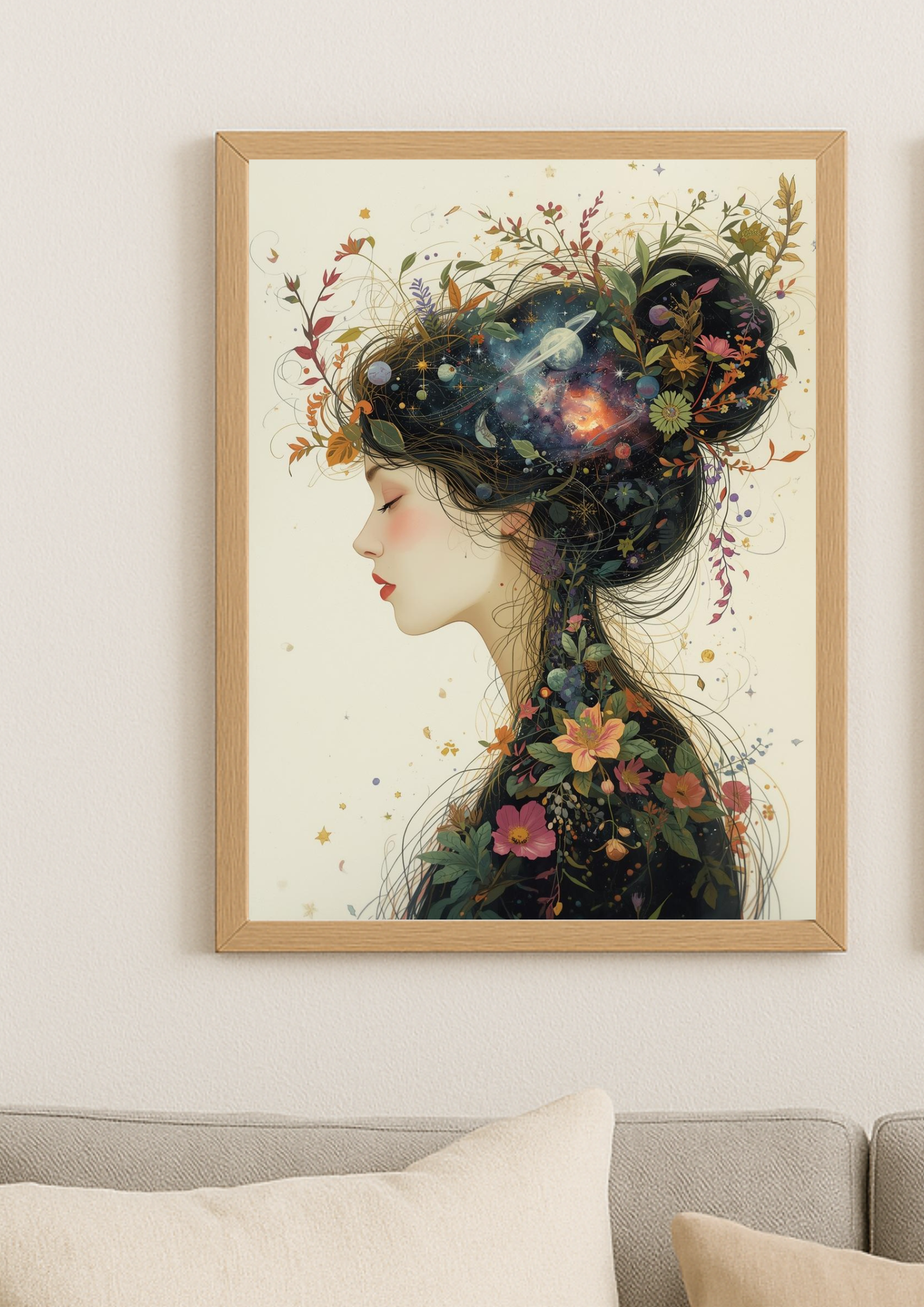 Affiche femme cosmique florale – Art mural bohème et poétique