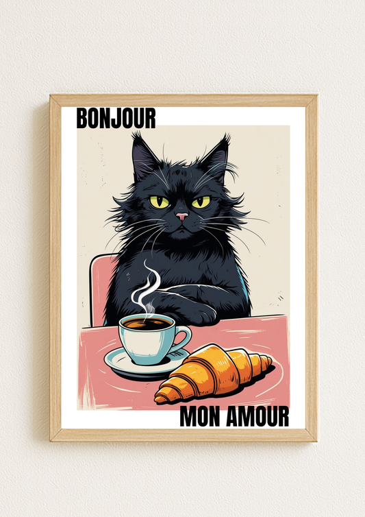 Affiche Chat Bonjour Mon Amour A4 – Poster Chat & Café | Déco Murale Cuisine