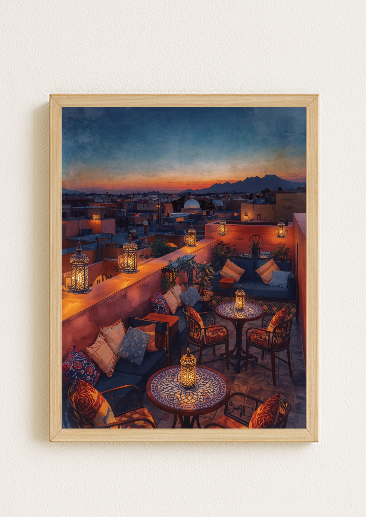 Affiche terrasse orientale au coucher de soleil – lanternes et médina