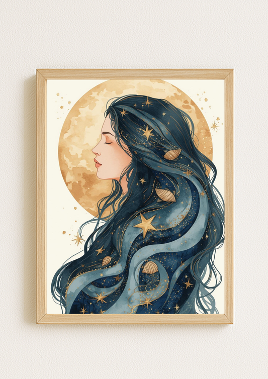 Affiche femme lune astrale – Illustration bohème céleste – Décoration murale poétique