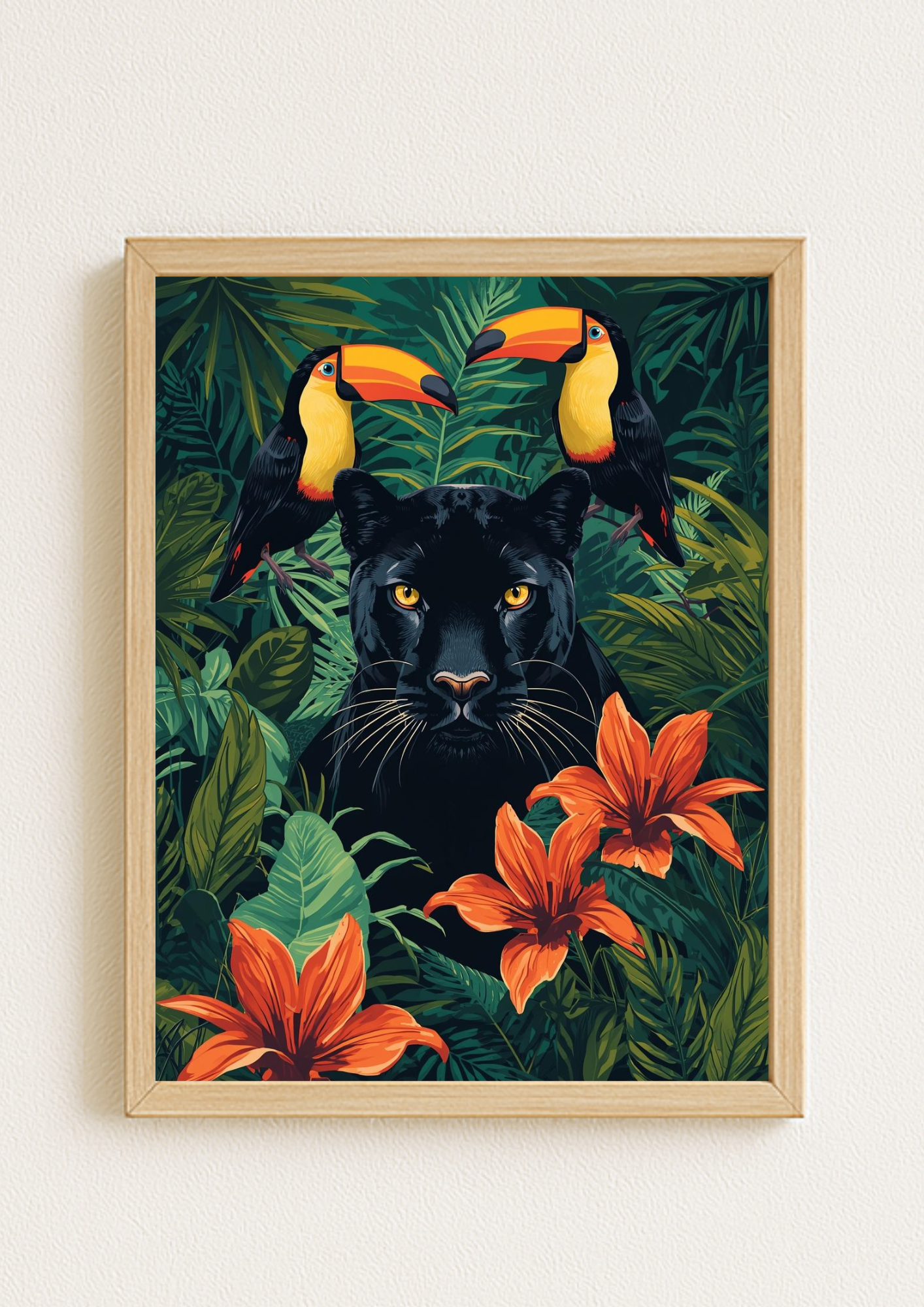 Affiche jungle colorée - Panthère noire - Fleurs éxotiques