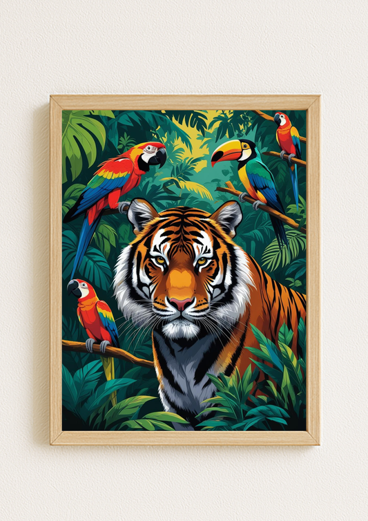 Affiche jungle colorée - Tigre - Fleurs éxotiques