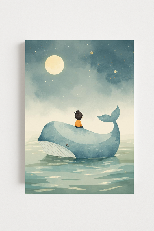 Affiche enfant et baleine sous la lune – illustration chambre bébé - Univers poétique et minimaliste