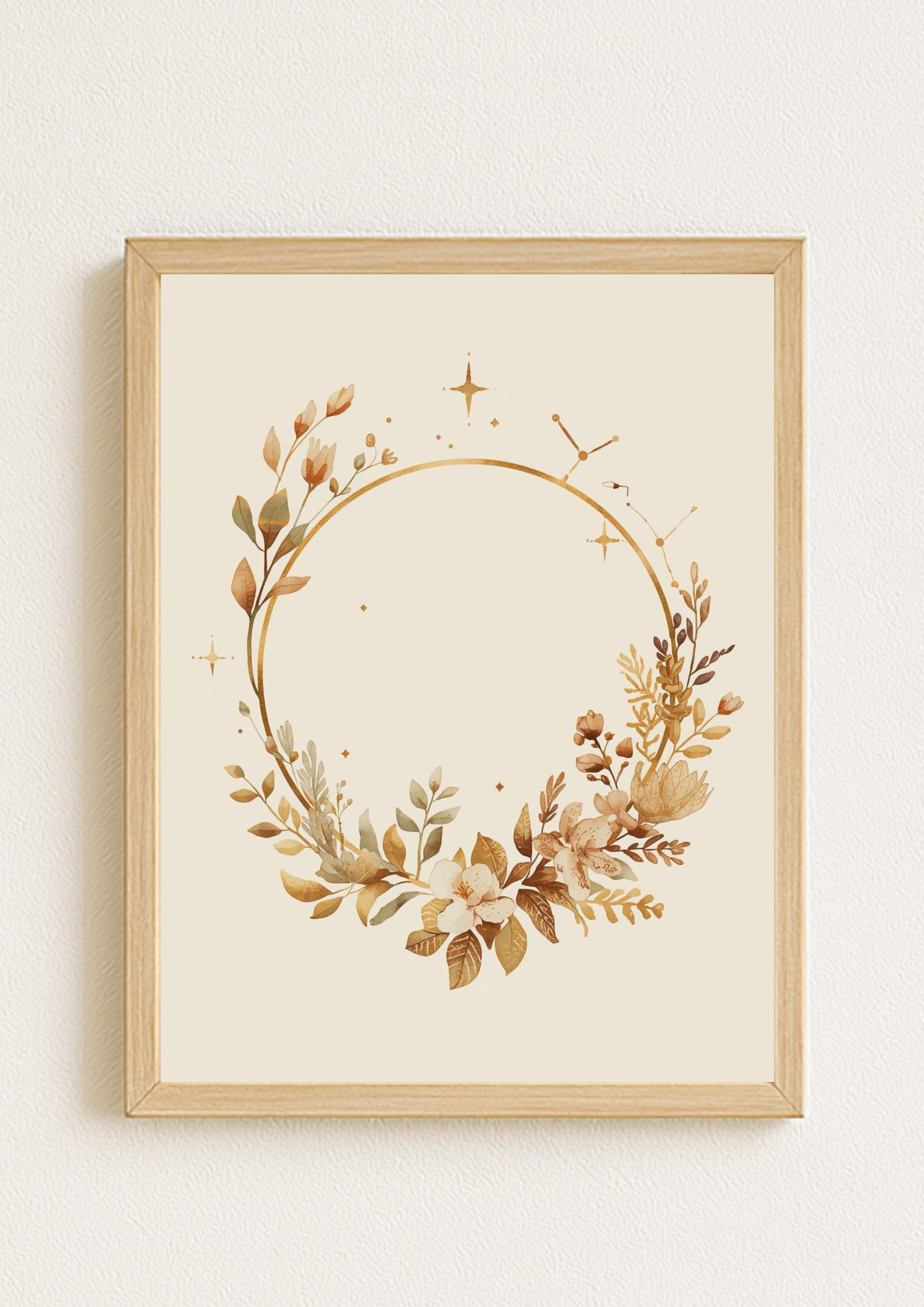 Affiche couronne florale dorée – décoration murale bohème minimaliste