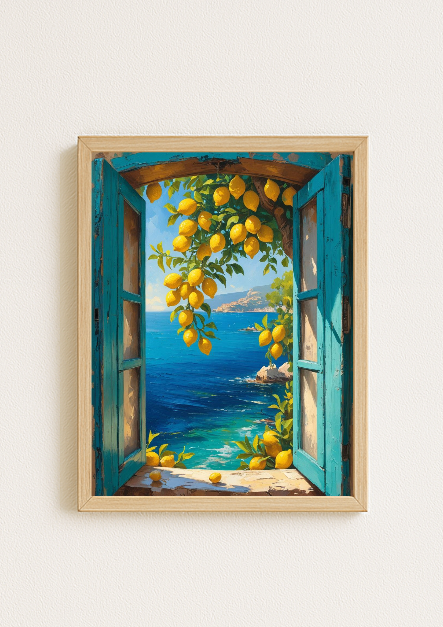 Affiche fenêtre citronnier vue mer – paysage méditerranéen lumineux