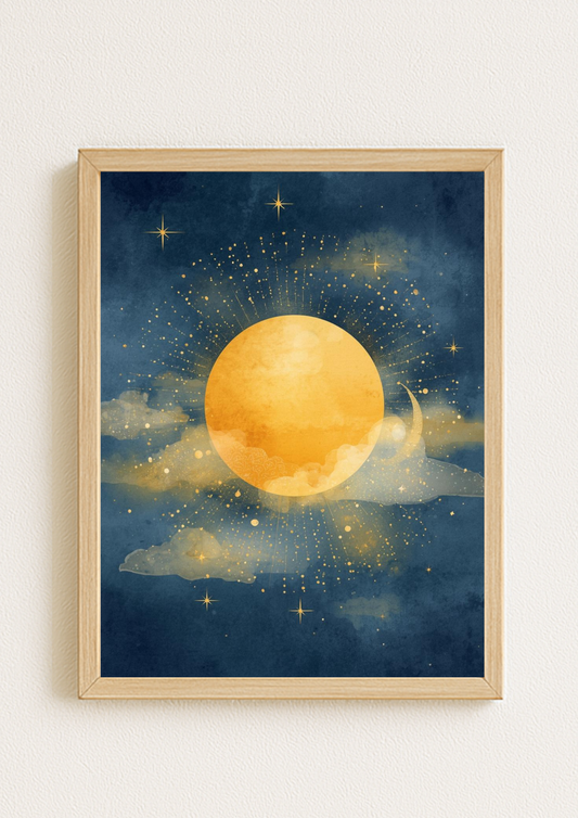 Affiche soleil dorée – Illustration céleste minimaliste – Décoration murale moderne A4