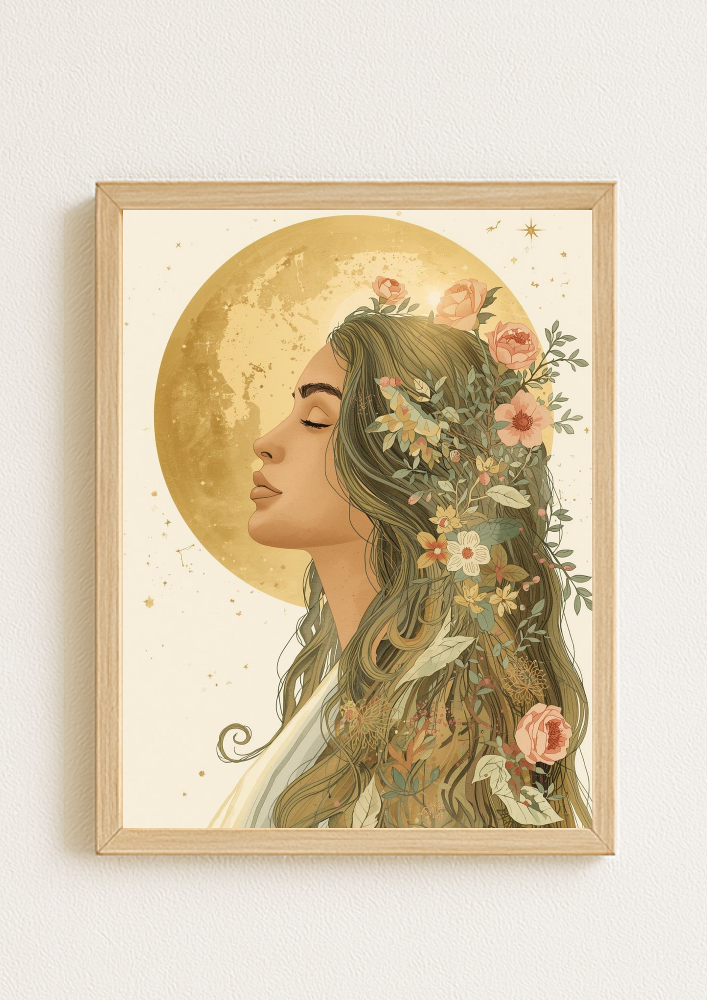 Affiche femme bohème et lune dorée – illustration florale élégante