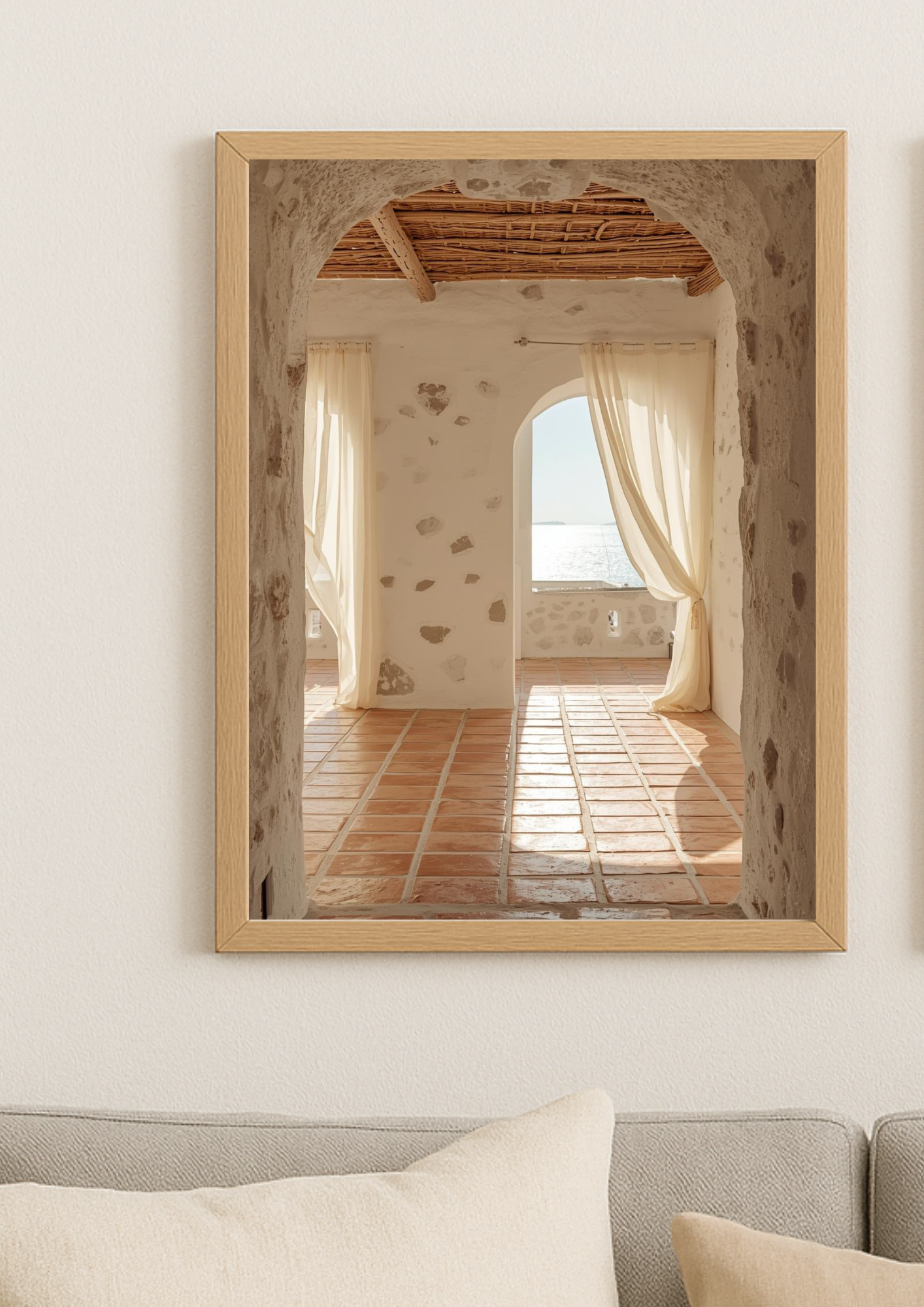 Affiche intérieur méditerranéen – Arche en pierre et vue mer – Décoration murale