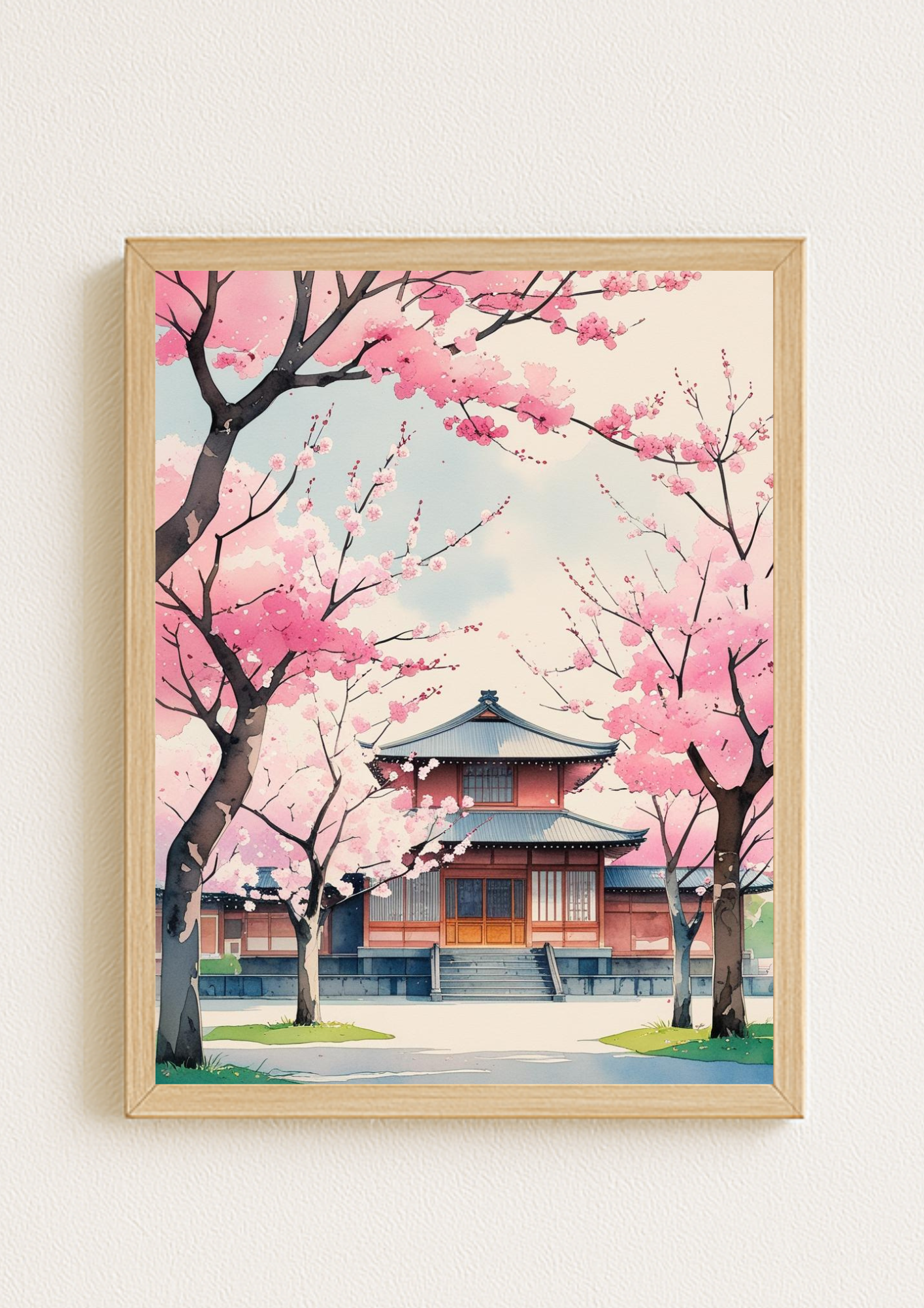 Affiche cerisiers japonais en fleurs – temple traditionnel sakura