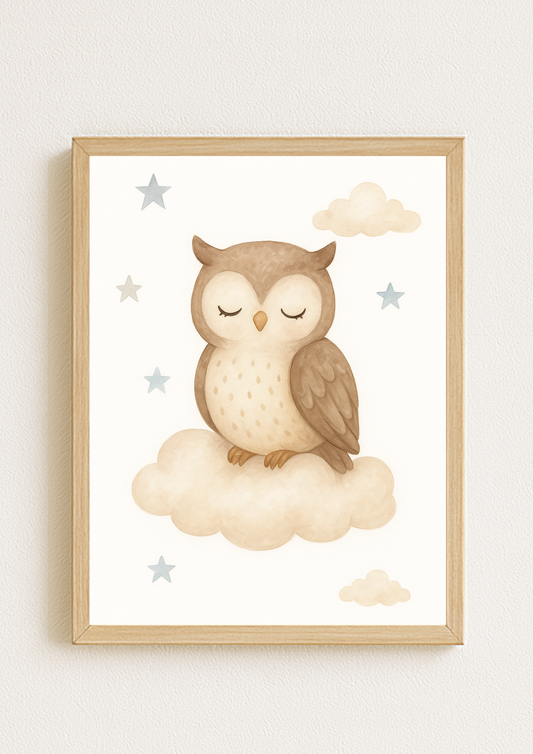 Affiche Hibou Endormi – Aquarelle pour Chambre d'Enfant– illustration chambre bébé - Univers poétique et minimaliste