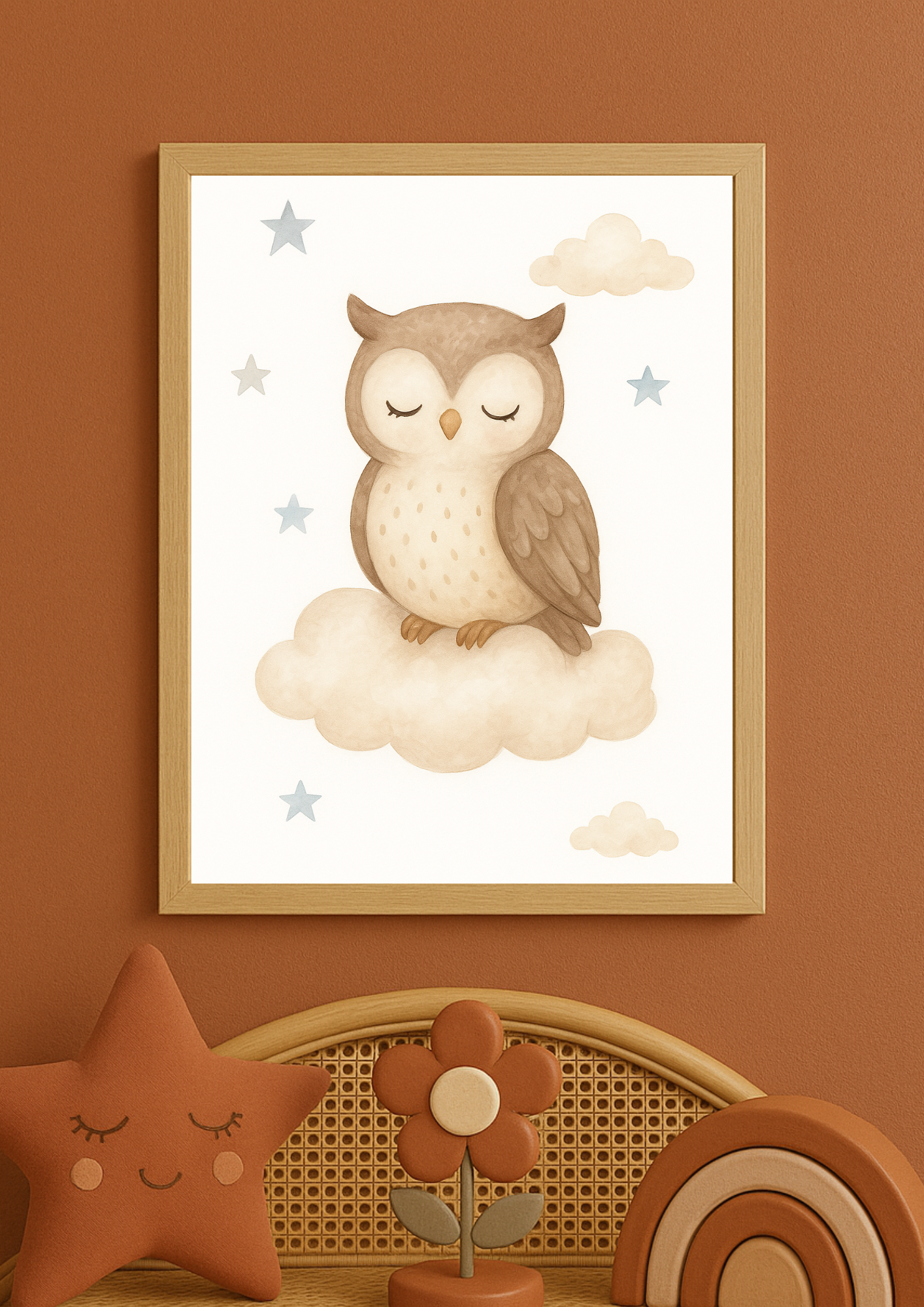 Affiche Hibou Endormi – Aquarelle pour Chambre d'Enfant– illustration chambre bébé - Univers poétique et minimaliste