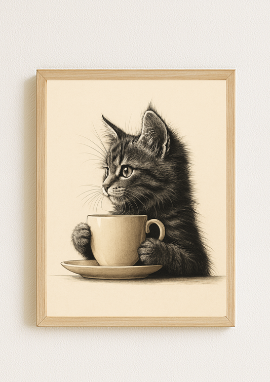 Affiche Chat & Café A4 – Poster Chat Vintage | Déco Murale Animaux