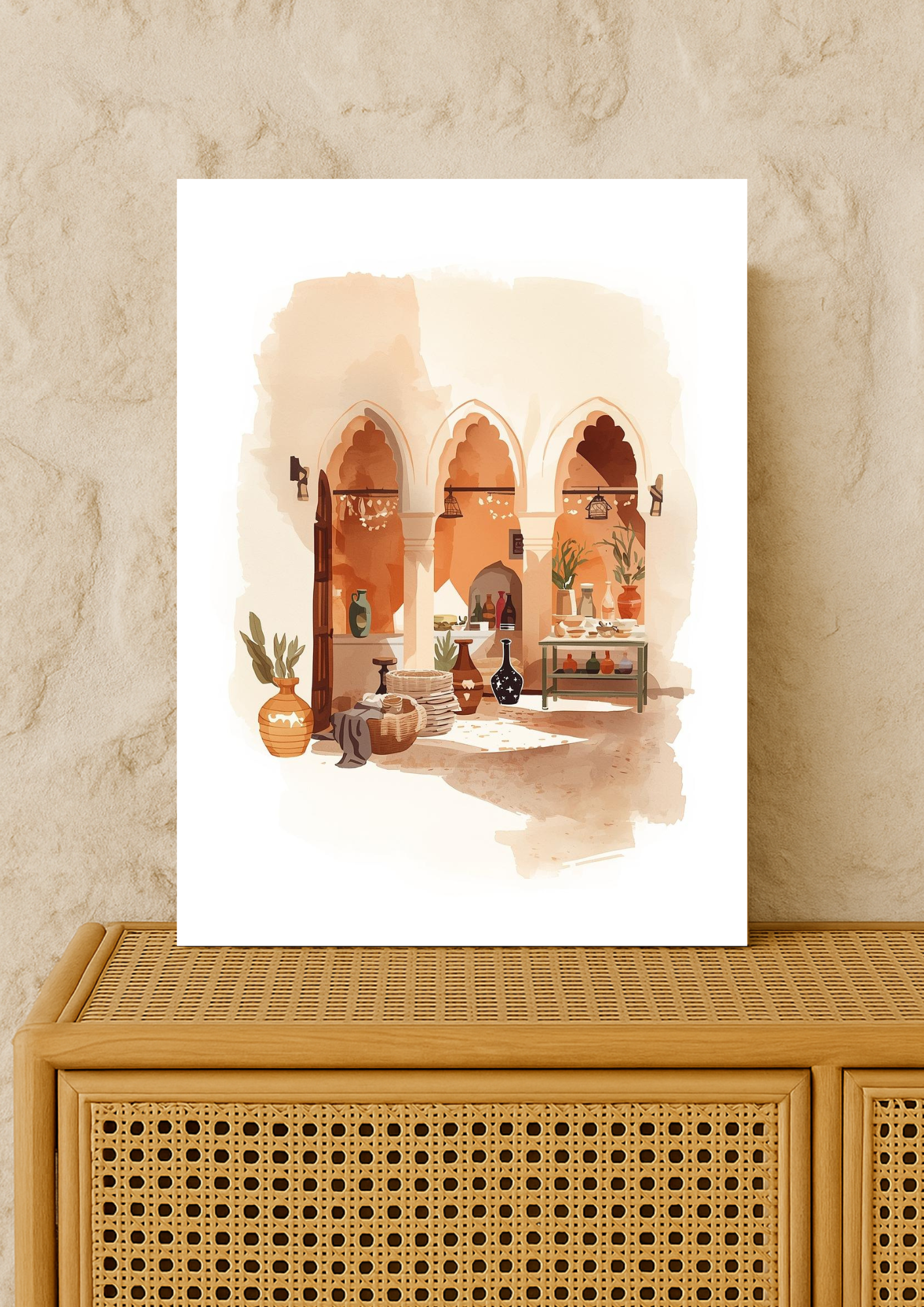 Affiche patio marocain – arches orientales et artisanat – décoration murale chaleureuse