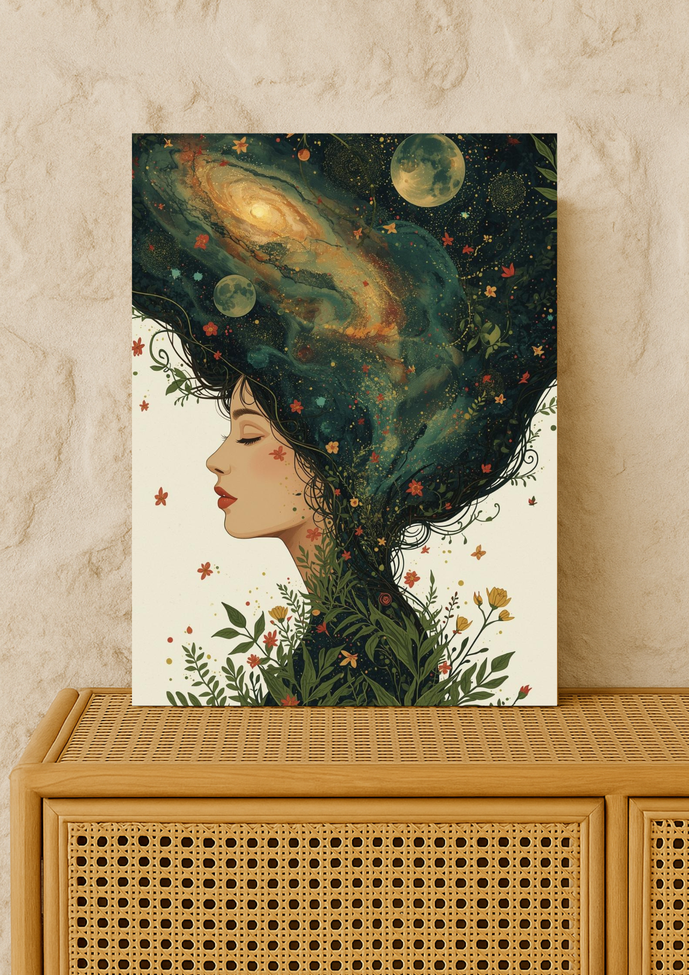 Affiche femme cosmique nature – Illustration poétique bohème