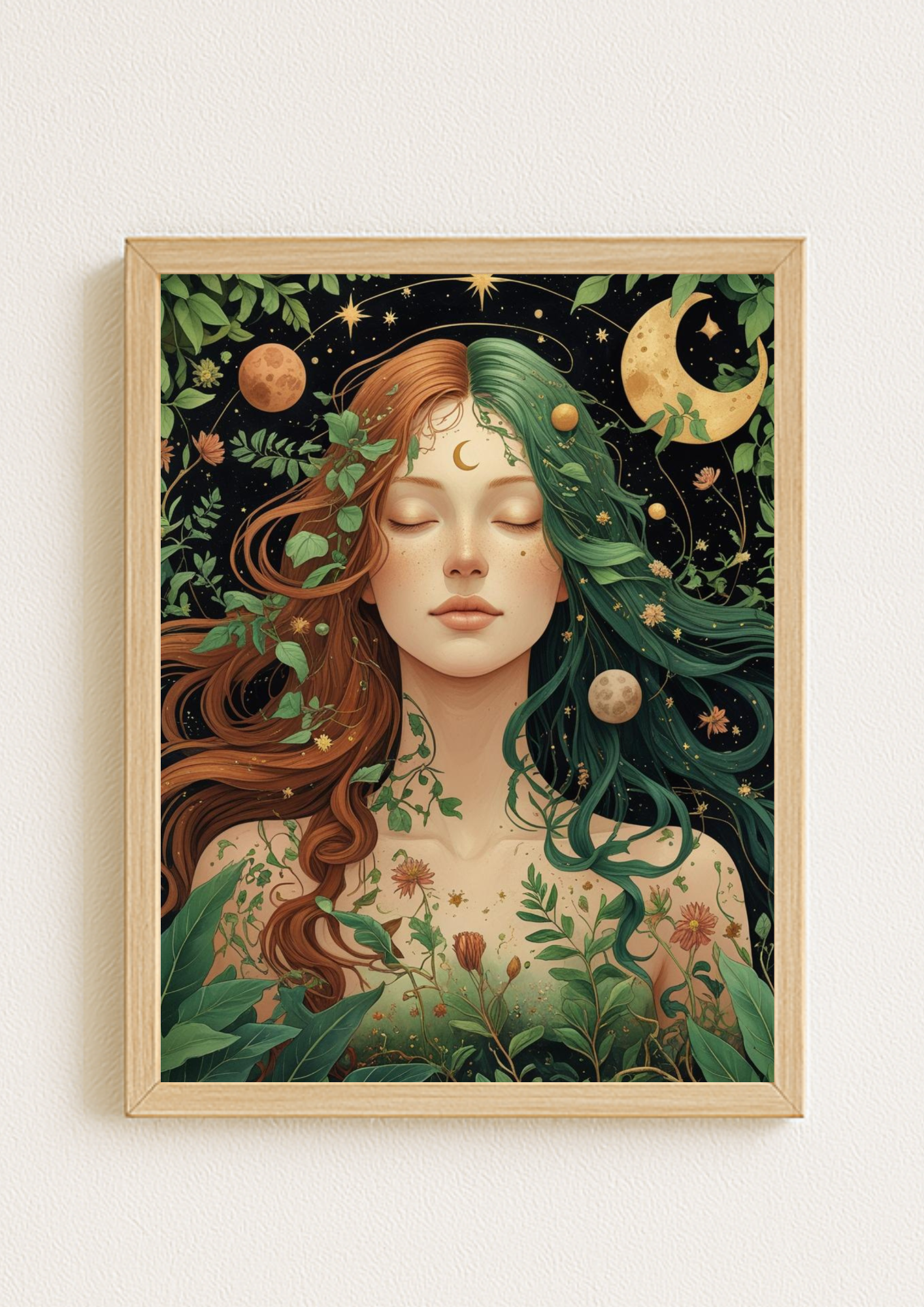 Affiche femme mystique nature – Illustration lunaire bohème