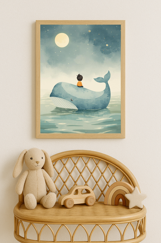 Affiche enfant et baleine sous la lune – illustration chambre bébé - Univers poétique et minimaliste