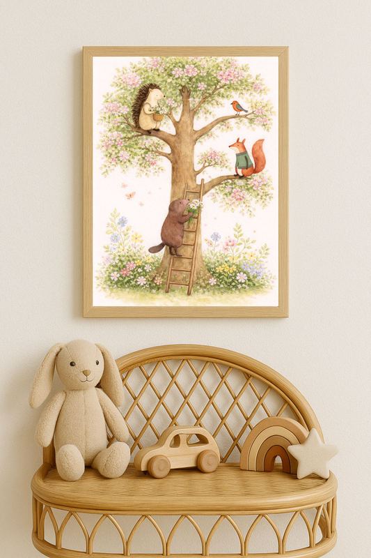 Affiche animaux de la forêt, arbre au printemps - Univers poétique et minimaliste - Décoration chambre enfant