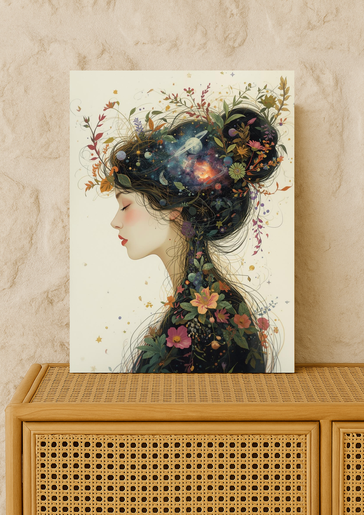 Affiche femme cosmique florale – Art mural bohème et poétique