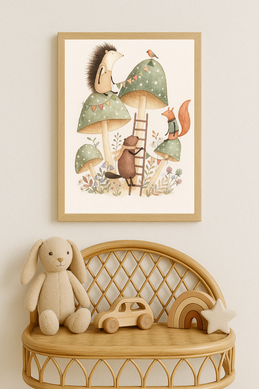 Affiche animaux de la forêt champignons  – illustration printemps chambre bébé - Univers poétique et minimaliste