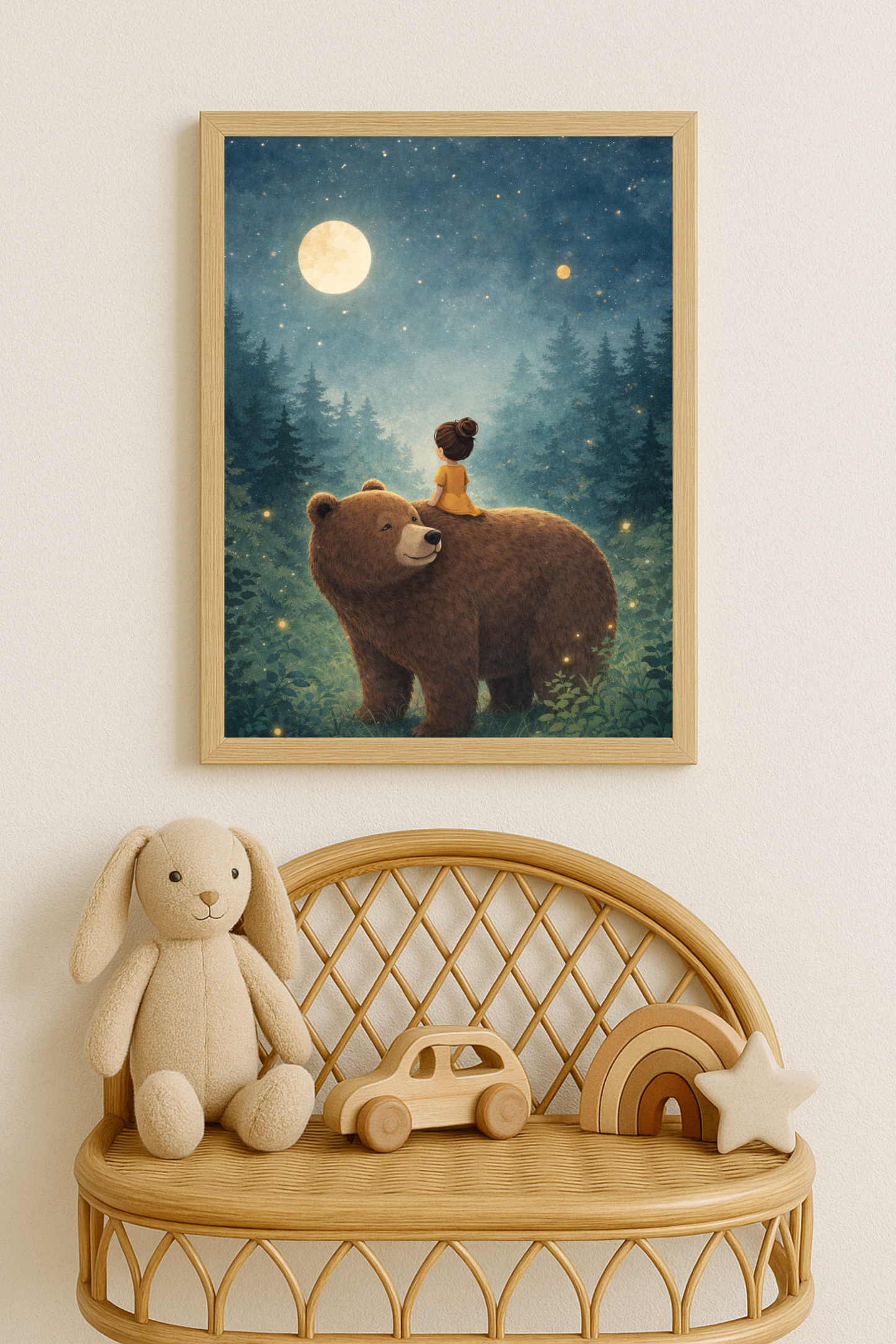 Affiche enfant fille et ours sous la lune – illustration chambre bébé - Univers poétique et minimaliste