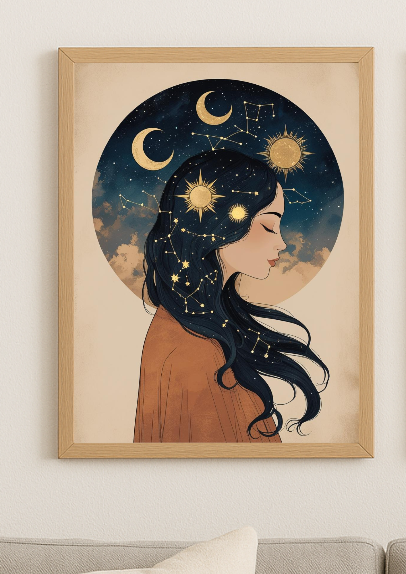 Collection Mystique - Affiche décorative femme astrale – Constellations, lune et soleil - astrologie lune étoile soleil carte tarot planète