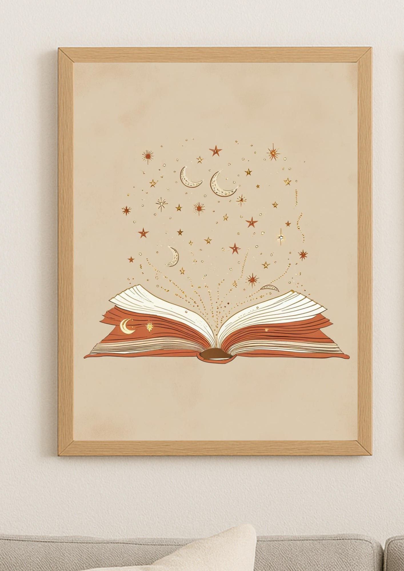 Affiche livre magique étoiles et lunes – illustration poétique minimaliste