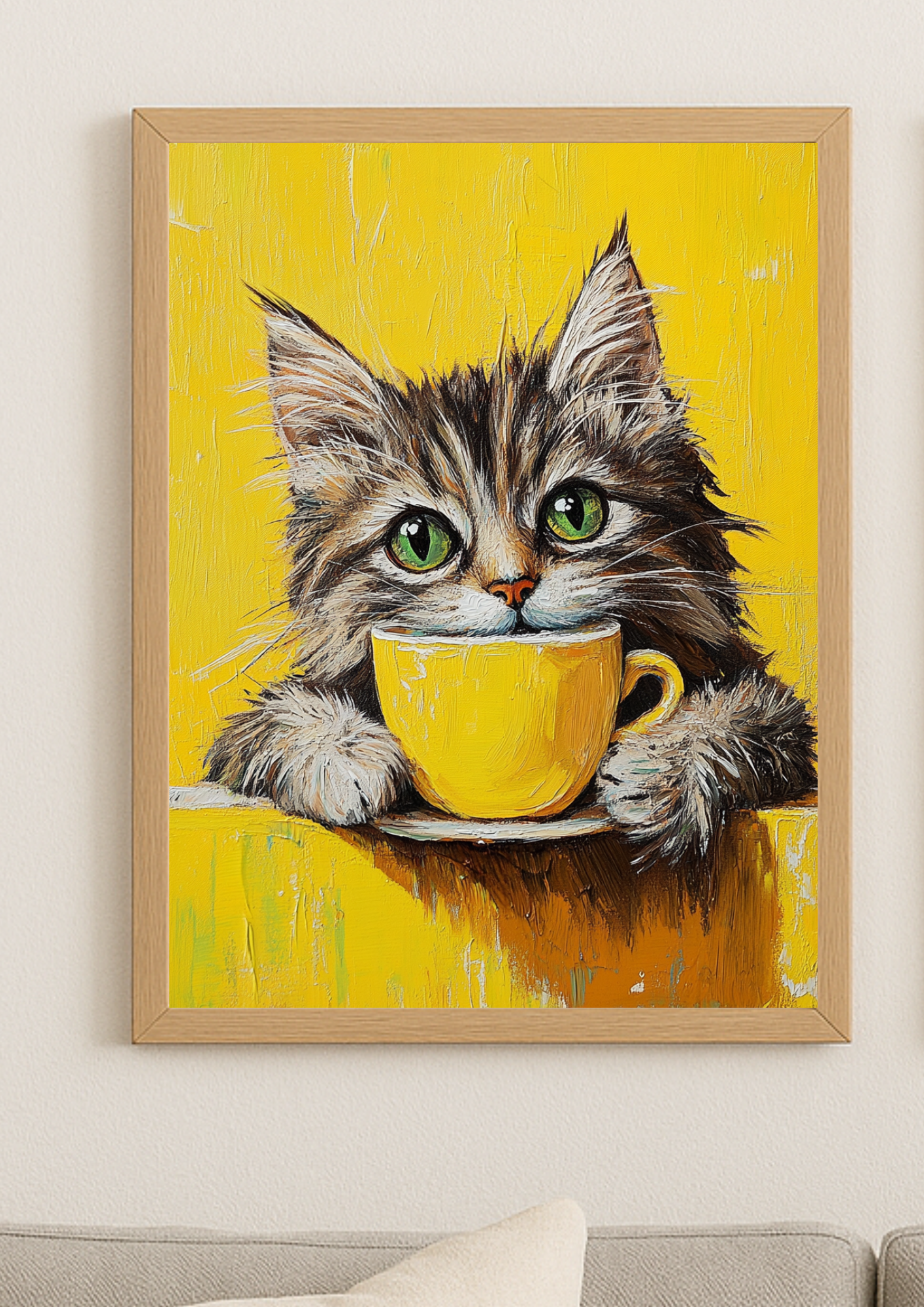 Affiche Chat & Café Jaune A4 – Poster Chat Artistique | Déco Murale Animaux