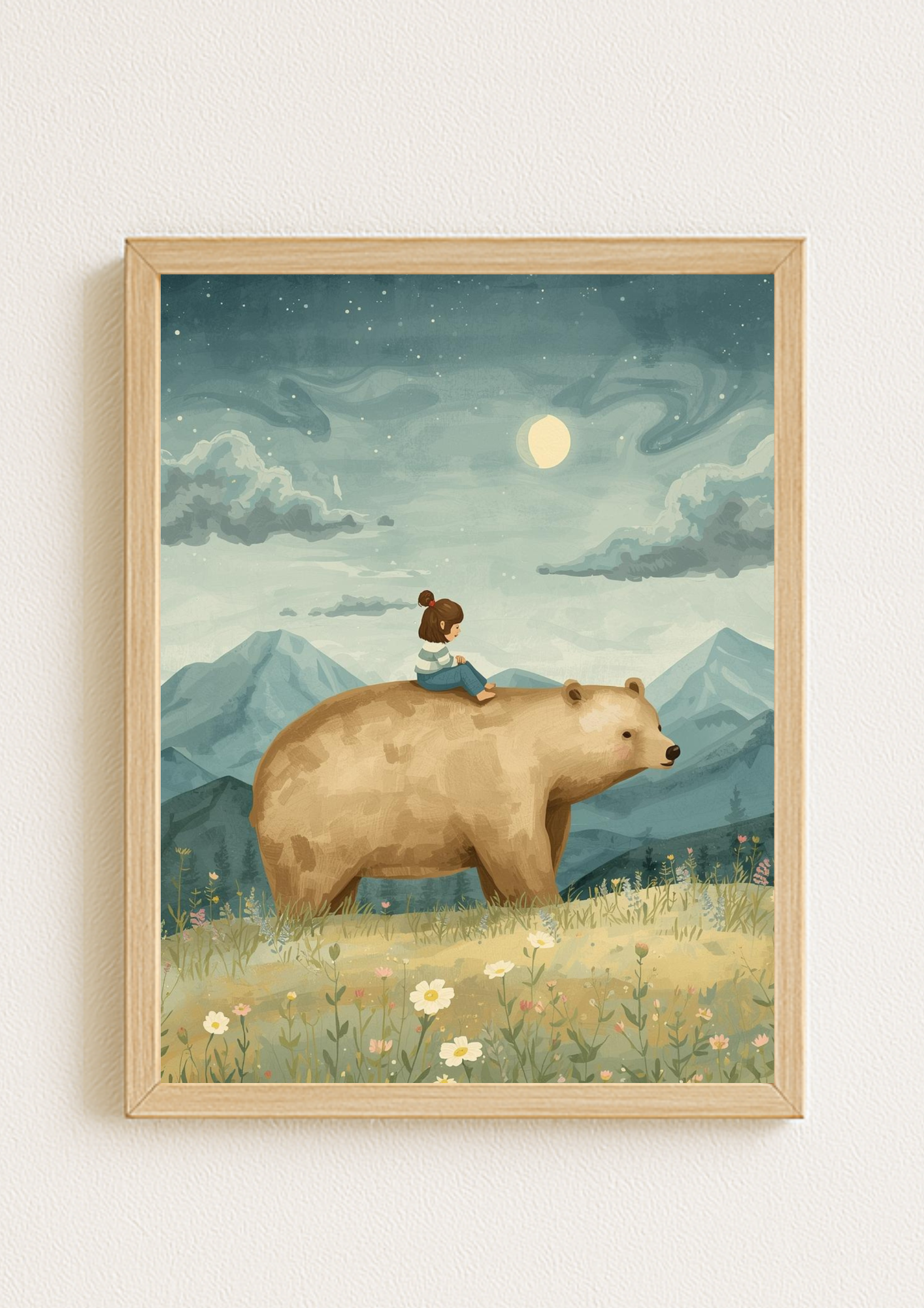Affiche enfant et ours sous la lune – illustration chambre bébé - Univers poétique et minimaliste