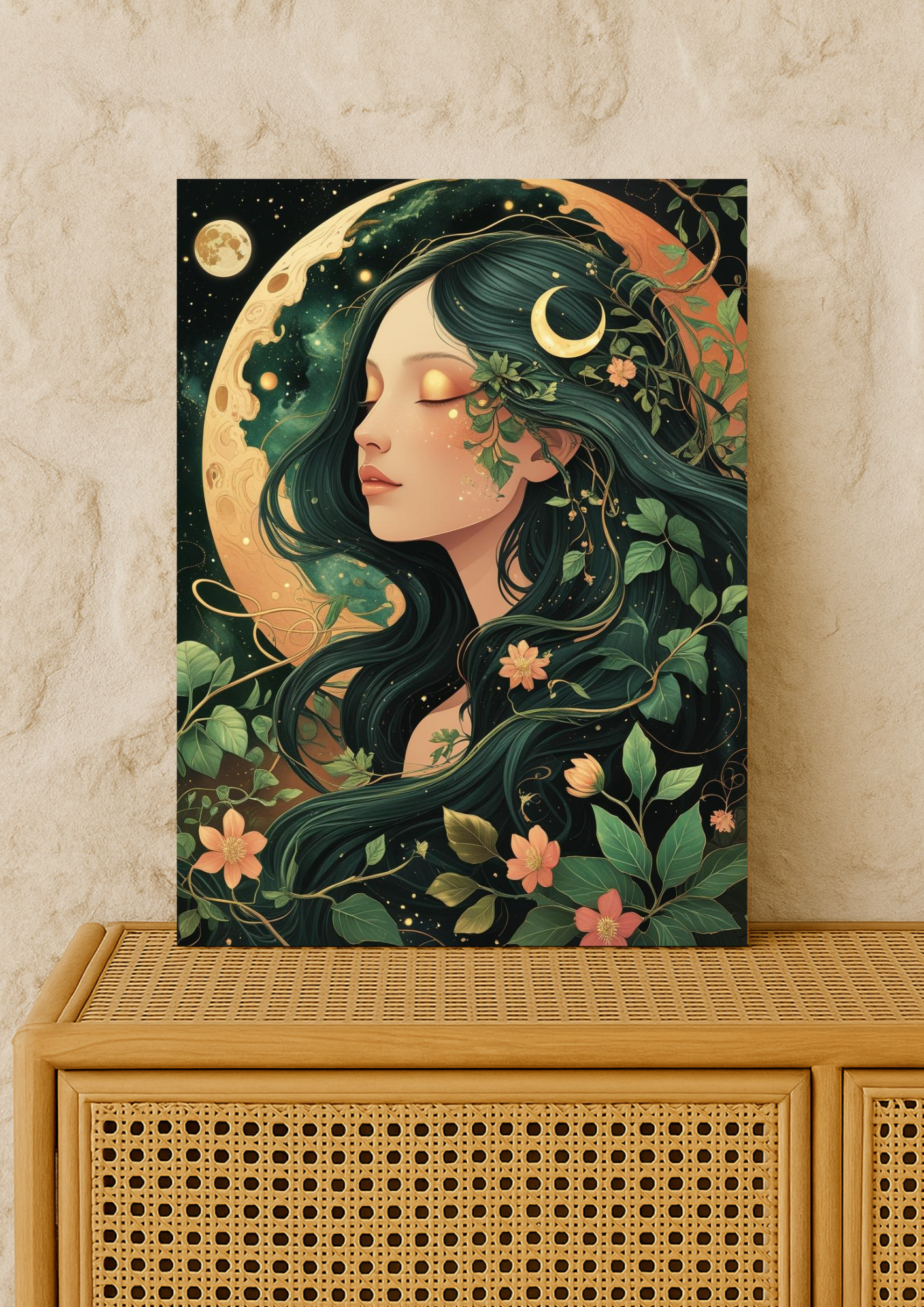 Affiche femme mystique nature – Illustration lunaire bohème – Décoration murale A4