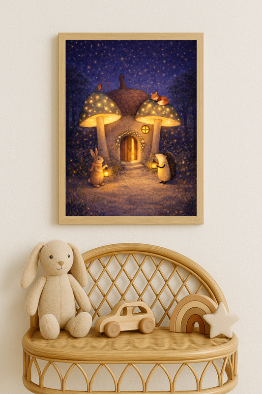 Affiche animaux de la forêt champignons dans la nuit - Univers poétique et minimaliste