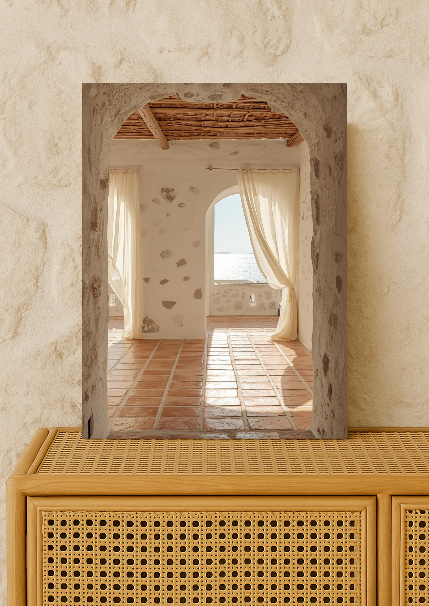 Affiche intérieur méditerranéen – Arche en pierre et vue mer – Décoration murale